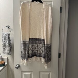 LOFT Cream and Gray Fringed Sleeveless Cardigan